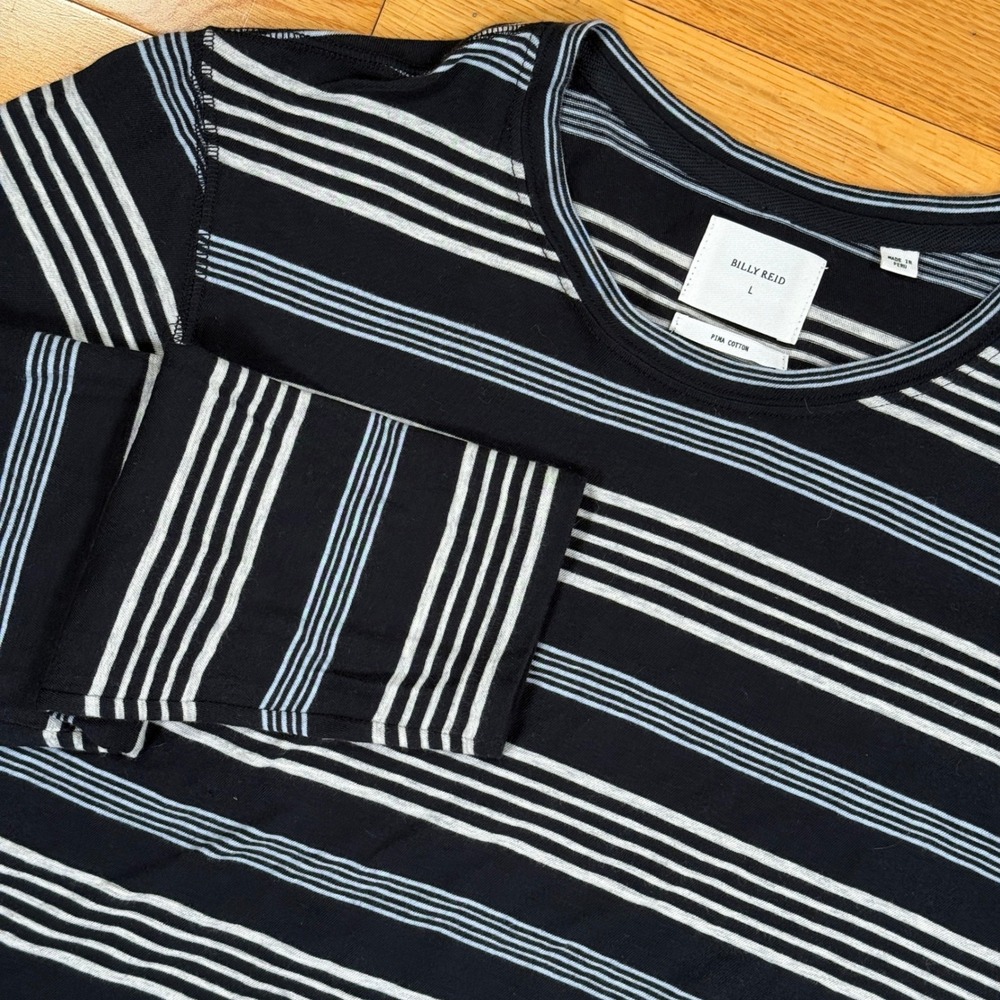 Billy Reid Mens Large Pima Cotton Striped Long Sleeve Crewneck Tee Blue & White‎